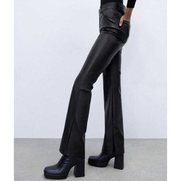 Zara Faux Leather Flare Pants with Zipper at hem in Black Size Medium - Picture 3 of 12